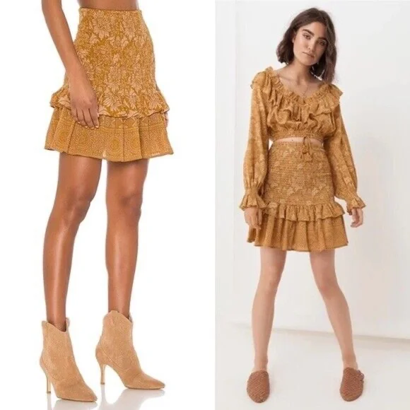 Spell & The Gypsy Lioness Ruched Skirt Ruffle Smocked Caramel Tan S - Picture 1 of 3